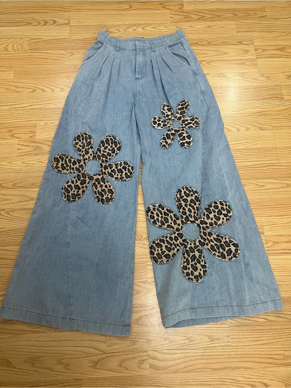BiBi Light Blue Wide Leg Jeans with Leopard Floral Appliqués